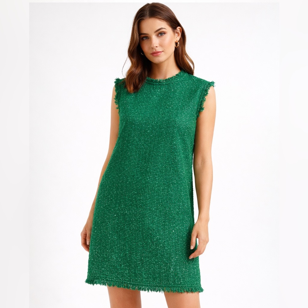 Kate Spade Green Tweed Shift Dress Sz 0 Fringe Trim Sleeveless Classic Chic NWOT - Picture 4 of 8